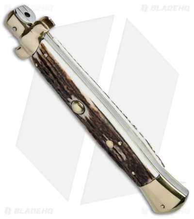 AGA Campolin 15" Auto Italian Stiletto Knife Stag Horn/Brass (7" Satin Bayo)