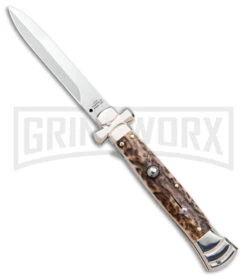 A.G.A. Campolin 9" Maltese Cross Stiletto Stag Automatic Knife - Bayonet Satin