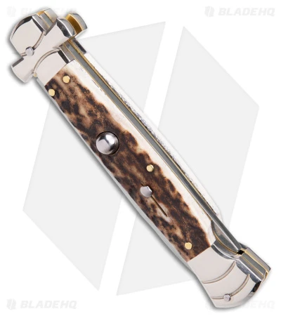 AGA Campolin 9" Maltese Cross Stiletto Automatic Knife Stag Horn (4" Polish)