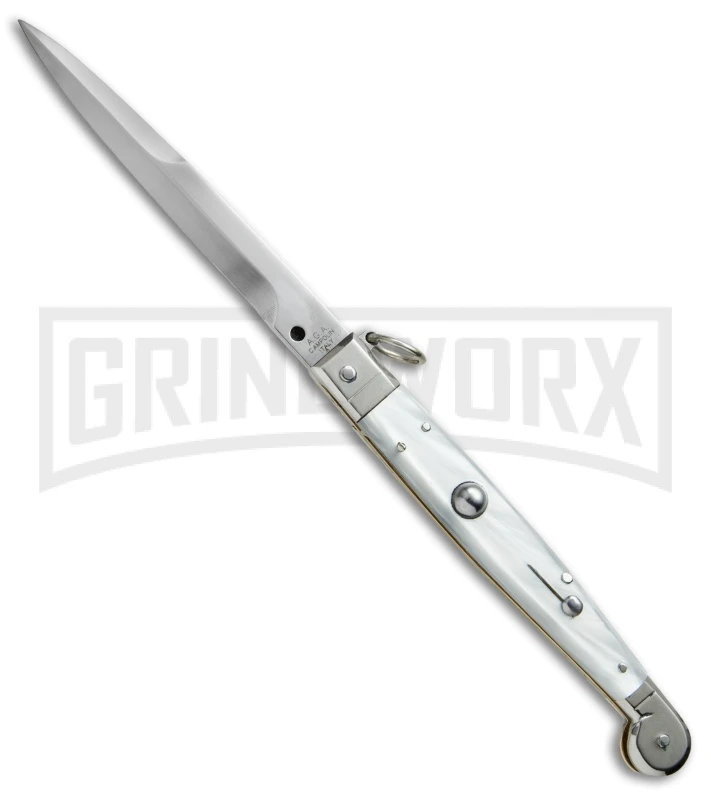 A.G.A. Campolin 9" Sicilian Ring Pull White Pearlex Automatic Knife - Bayonet