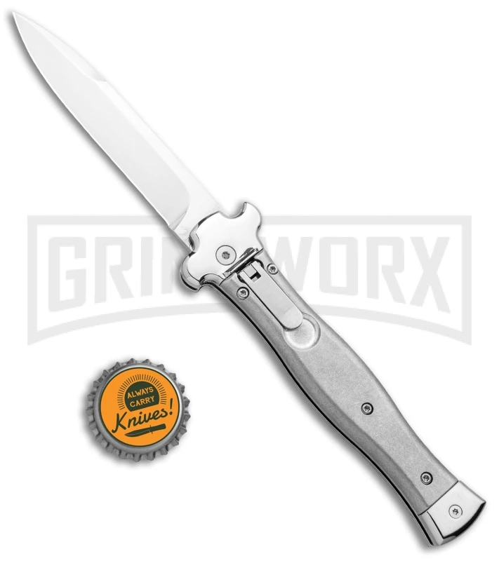 AGA Campolin Zero Gray Aluminum Leverlock Auto Knife - Bayonet Tumbled