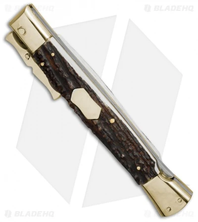 AGA Campolin 13" Bat Swinguard Automatic Knife Brass/Stag Horn (5.75" Dagger)