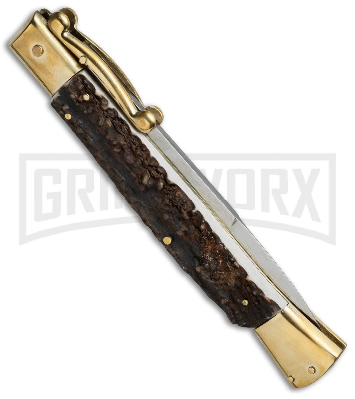 AGA Campolin 13" Stiletto Brass Swinguard Stag Horn Automatic Knife - Bayonet