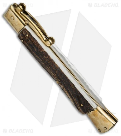 AGA Campolin 13" Swinguard Automatic Knife Brass/Stag Horn (5.75" Satin Kriss)
