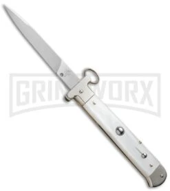 AGA Campolin 9" Francese Ring Pull White Pearlex Automatic Knife - Flat
